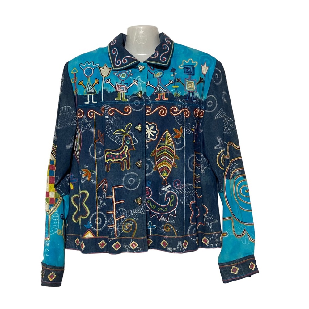 Vintage Sandy Starkman Embroidered Bohemian Blue Wearable Art Coat Jacket Large